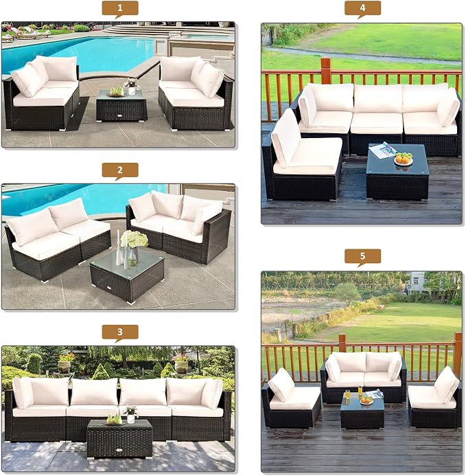 Tangkula 5 Pieces Patio Furniture Set, All Weather Wicker L-Shaped Corner Sofa Set w/Soft Cushions, Outdoor Sectional Conversation Couch Set w/Glass Table for Backyard Garden Poolside (White)