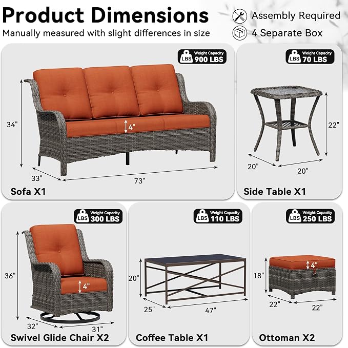 7 Piece Outdoor Wicker Patio Furniture Set, Outdoor Swivel Rocker Patio Chairs Set with Thickened Olefin Cushions, High Back and Deep Seating, Hand-Woven PE Rattan for Porch, Deck