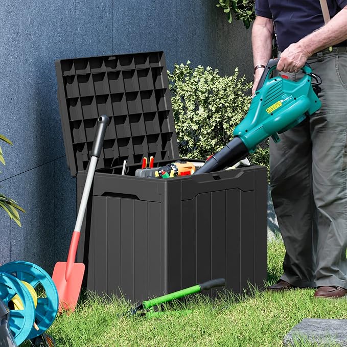 Greesum 31 Gal Resin Deck Box,Outdoor Storage for Patio,Garden Tools,Pool Supplies, Weatherproof and UV Resistant, Lockable, Black