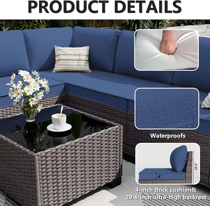 ALAULM 13 Pieces Patio Furniture Set with Propane Fire Pit Table Wicker Outdoor Sectional Sofa Sets Patio Furniture 43" Gas Fire Pit Brown PE Rattan Patio Conversation Set w/10 Cushions (Dark Blue)