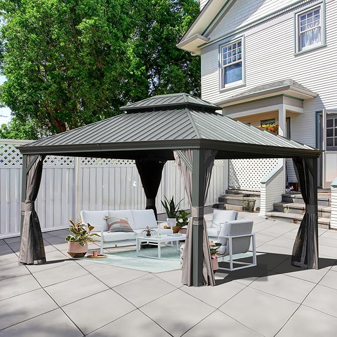 Domi 10’x12’ Hardtop Gazebo with Gutters, Outdoor Metal Gazebo for Patios with Galvanized Steel Double Roof, Heavy Duty Curtains and Netting Included, Pergola for Backyard, Garden Lawn, Deck, Grey