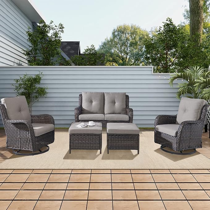 Rilyson 5 Piece Outdoor Patio Furniture Set - Rattan Wicker Patio Conversation Sets with 2 Swivel Rocker Chairs,2 Ottomans and 1 Loveseat for Outside Porch Deck Backyard(Brown/Grey)