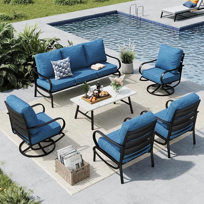 MFSTUDIO 6 Pieces Metal Patio Furniture Sets, 2 Swivel Chairs, 3-Seat Loveseat Sofa, 2 Patio Chairs & 1 Marbling Coffee Table, All Weather 7 Seats Outdoor Conversation Set for Garden, Peacock Blue