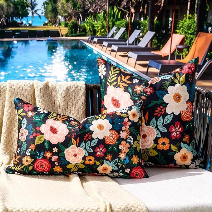 Outdoor Waterproof Floral Pillow Covers Decorative Throw Pillow Covers Summer Black Accent Square Couch Covers Garden Farmhouse Cushion Cases 16x16 Inch Set of 2 for Patio Tent Balcony Furniture Sofa