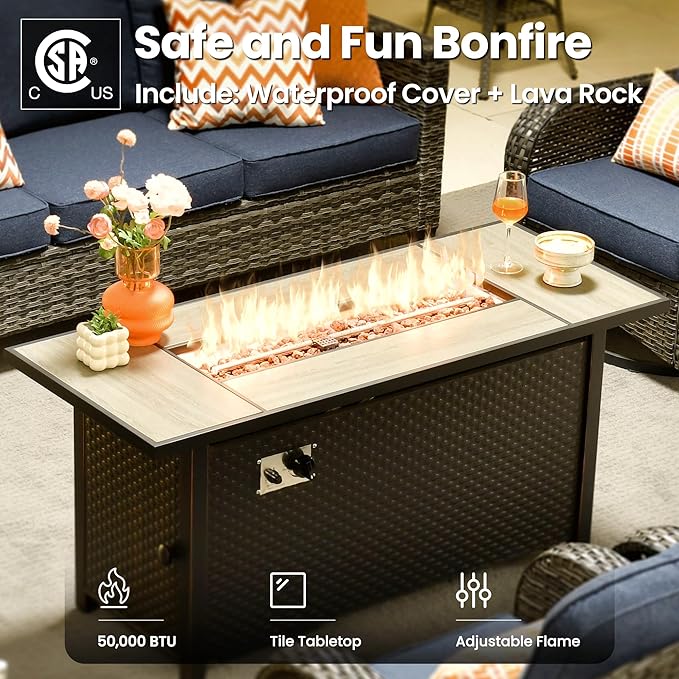 ovios 10 Pieces Patio Furniture Set, Outdoor Wicker Sofa Couch with Swivel Glider Chairs Solar Light Table Fire Pit, Modern Deep Seat Rattan Conversation Sets, Denim Blue