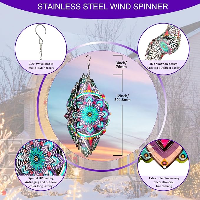 Aoedelyart Hanging Wind Spinners for Yard and Garden Mandala Purple Star,Kinetic Wind Spinners Outdoor Worth Gift Christmas Decorations,12Inch Stainless Steel Wind Spinner for Outdoor&Indoor Decor