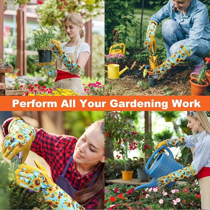 DLY Garden Gloves for Women,Gardening Gloves,Garden Gift for Lady,Blue,XL | Thornproof Cowhide Palm, Foam-Padded Grip, Long Sunflower Print Cuff, 3-Finger Touchscreen, Rose Pruning, Weeding & Yard Work