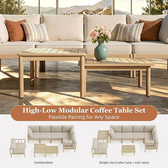 HERA'S HOUSE Patio Furniture,Acacia Wood Outdoor Sectional Sofa with 5.5" Ultra-Thick Cushions, L Shaped Modular Patio Conversation Set,Lawn Garden Backyard Couch Set with Nesting Tables,Beige