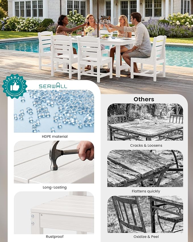 SERWALL Armless Outdoor Dining Chair Set of 2, All Weather Resistant, White | Armless Dining Chairs built to last with 330 lb capacity. Compact 24.6"Dx19.3"Wx33.6"H. Weatherproof & easy to clean.