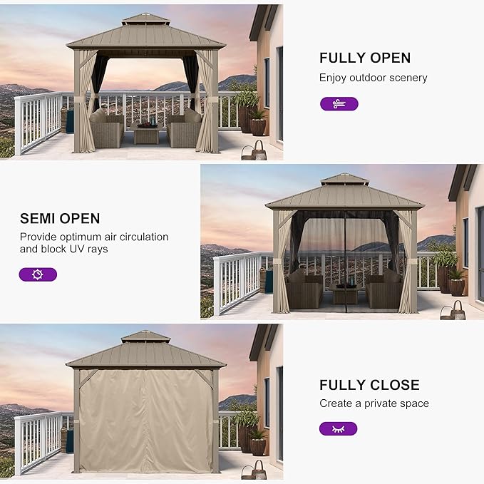 PURPLE LEAF 10' x 10' Hardtop Gazebo, Champagne Outdoor Aluminum Gazebo with Galvanized Steel Double Roof, Curtains and Netting for Patio Lawn and Garden