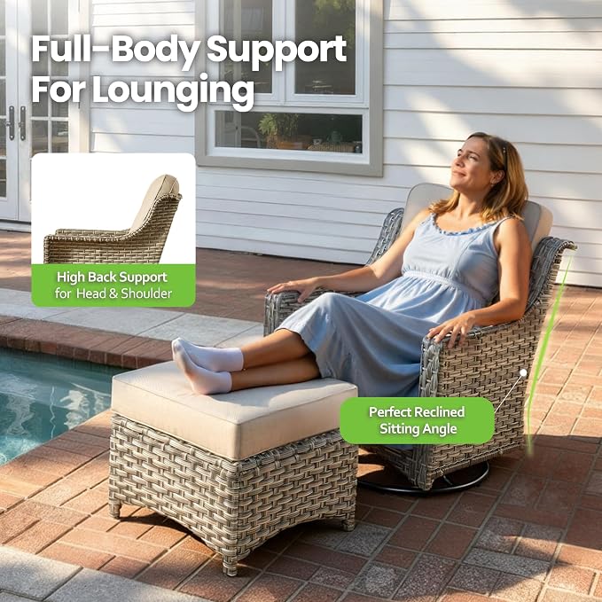 Patio Conversation Set,5 Pieces Wicker Patio Furnitures with Swivel Chair and Coffee Table,All Weather Patio Furniture Set for Garden,Backyard,Poolside and Patio,Beige