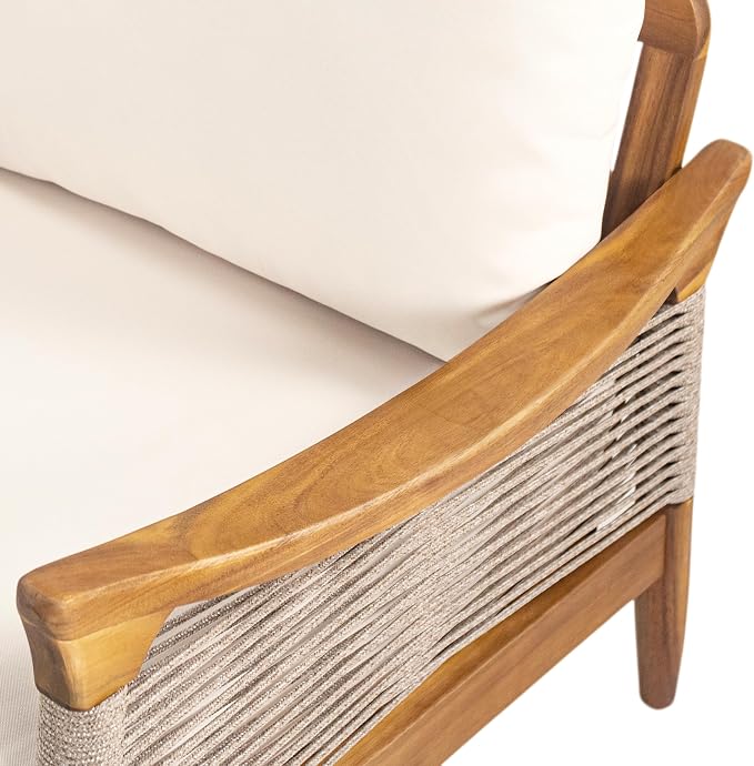 Merax Woven Rope Patio Club Chair, Acacia Wood Outdoor Armchair | Teak-Finish Acacia Frame, Woven Rope Seat, Thick Cushion, Deep Seating For Patio, Porch, Garden, Backyard Or Balcony
