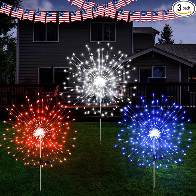 Tujoe 3 Pcs 4th of July Solar Firework Lights Patriotic Solar Light Outdoor Garden 120 LED 8 Modes Waterproof LED Sparkler Light for 250th Anniversary Patio Yard Pathway Walkway (Red,White,Blue)