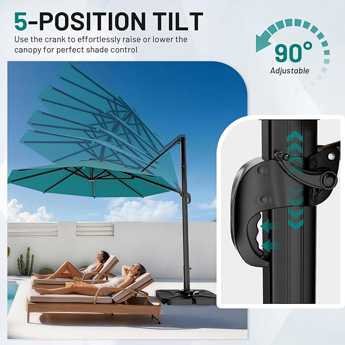AreShark 11FT Round Cantilever Patio Umbrella with Base Included, 360° Rotation Offset Outdoor Umbrella, 5 Tilt Settings Heavy Duty Hanging Parasol for Deck Garden Pool, Lake Blue