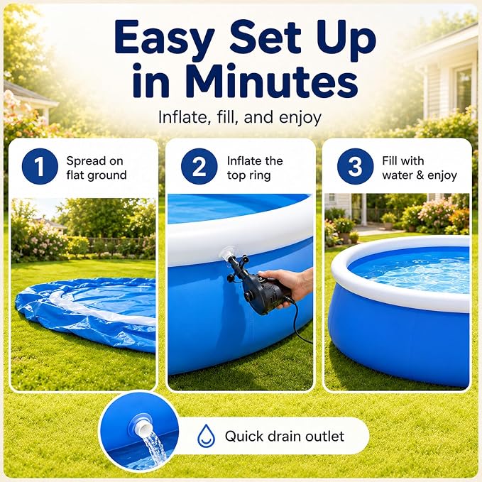 Large Round Inflatable Pool for Kids & Adults, Outdoor Oversized Thickened Family Swimming Pool with Quick Drain & Foldable Mesh Coil Structure, Family Swimming Pool for Backyard
