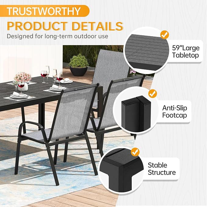 PIZZELLO 7-Piece Outdoor Dining Set Patio Dining Set for 6 Outdoor Table and Chairs All Weather Outdoor Patio Set w/Stackable Patio Chairs and HDPE Dining Table for Backyard, Garden and Poolside