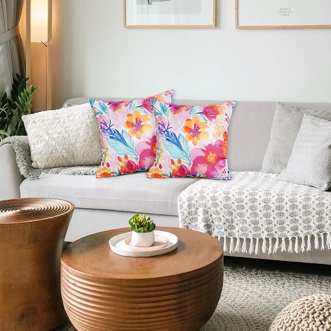 TAJWE Outdoor Pillow Covers 20x20 Inch Set of 2 White Floral Waterproof Throw Pillowcases Modern Farmhouse Decorative Square Cushion Cases for Patio Furniture Garden Bench Porch Decor