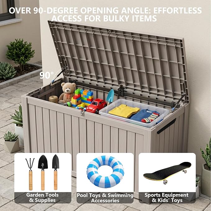 Outdoor Storage Box, 180 Gallon Waterproof Deck Box [Upgraded 3.0], Piston-Lift Tall Standing Cabinet for Oversized Cushions, Lockable Deep Tool Organizer Storage Bench, Large Lawn, Grey