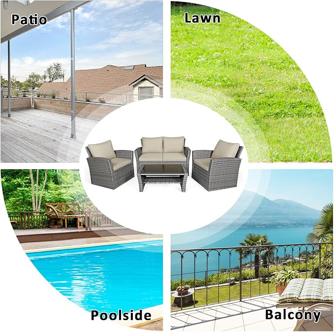 RELAX4LIFE 4-Piece Patio Conversation Seat - Wicker Sofa Set w/Seat & Back Cushions, Coffee Table w/Tempered Glass Tabletop, Outdoor Rattan Sofa Set for Backyard, Porch (Brown)