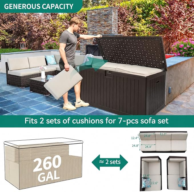 YITAHOME 260 Gallon Double-Wall Deck Box with Divider & Side Handles, Outdoor Large Storage for Patio Furniture Cushions, Garden Pool Accessories, Water Resistant & Lockable