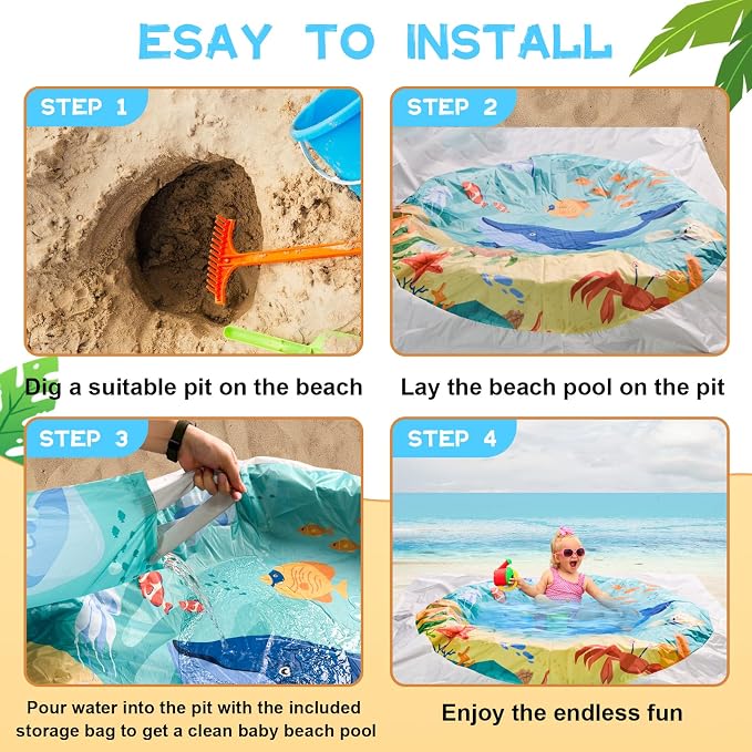 6.5 X 6.5Ft Baby Beach Pool, 2 in 1 Square Portable Cartoon Ocean Theme Toddler Beach Puddle, Waterproof Sandproof Cute Toddler Paddling Pool Beach Blanket with Carrying Bag for Boys Girls