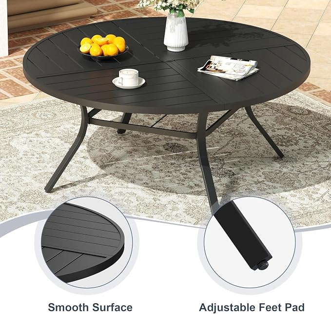 VICLLAX 9 Pieces Patio Outdoor Dining Set, 8 Swivel Textilene Chairs and 60" Round Metal Table with Umbrella Hole for Porch, Deck, Garden, Black/Brown