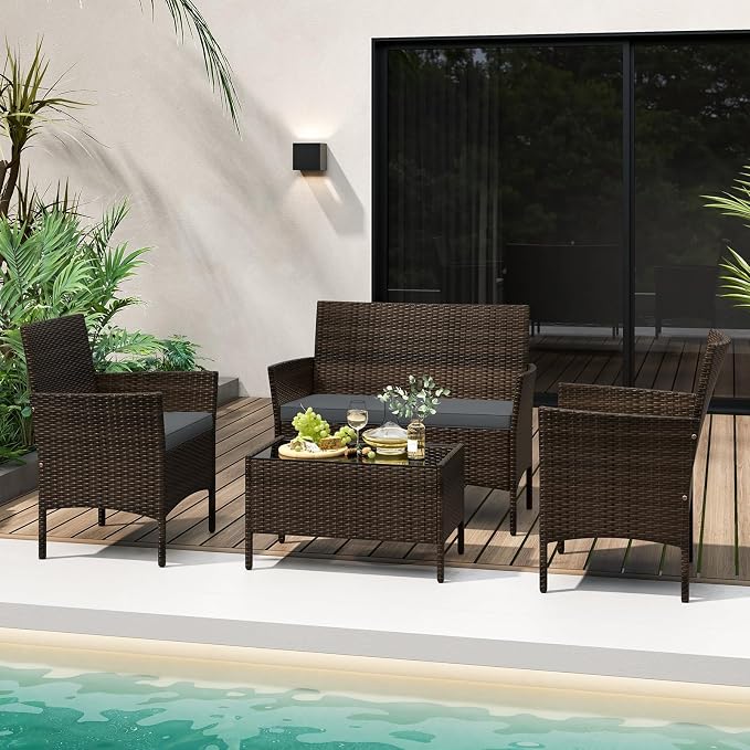 Tangkula 4 Piece Patio Rattan Conversation Set, Outdoor Wicker Furniture Set with Chair, Loveseat & Tempered Glass Table, Cozy Seat Cushions, Outside Sectional Sofa Set for Backyard, Porch (1,Grey)
