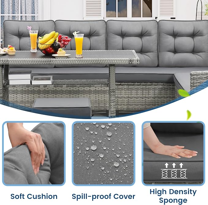KROFEM 6 Piece Patio Furniture Set, Dining and Conversation Set, Grey | UV Treated Wicker, Machine Washable Cushions, Seats 7, 2 Ottomans, 3 Sofa Section, Dining Table, Rustproof Frame