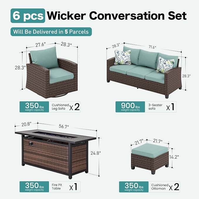 SUNSHINE VALLEY Swivel Glider Patio Furniture Set Outdoor Furniture Brown Wicker Rattan Patio Conversation Sets with Cushion Outside Sofa Set,5 Pieces with Rectangular Firepit Table,7 Seats,Blue