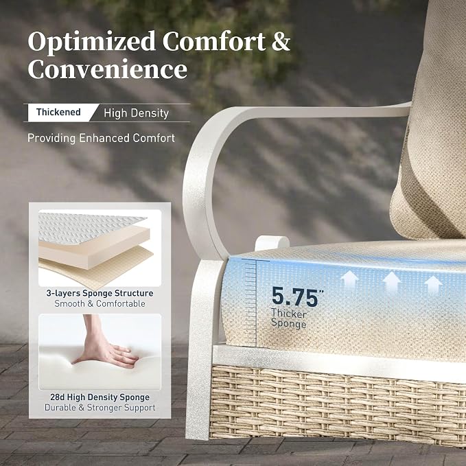 SUNSHINE VALLEY 6 Piece Metal Outdoor Patio Furniture Set, Patio Conversation Sets 1 3-seater Sofa, 4 Single Sofa with 5.75" Extra Thick Cushion and Coffee Table, White Frame Backyard Furniture, Beige