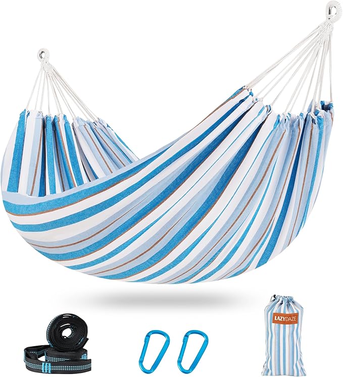 Lazy Daze Hammocks Double Brazilian Cotton Hammock, Extra Large Portable Outdoor Camping Hammock with Tree Straps & Travel Bag for Backyard Patio Poolside Indoor, 550lbs Capacity, Blue & Light Gray