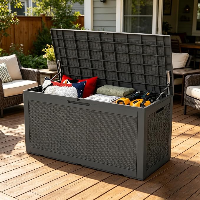 LAUSAINT HOME 100 Gallon Resin Deck Box for Outdoor Storage, Extra Large Waterproof Patio Storage Bench for Cushions and Garden Tools, Heavy Duty Seating, Lockable Toy Box for Porch and Deck (Black)