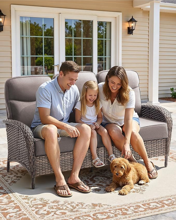 5-Piece Luxury Patio Furniture Set with 6-Inch Thick Cushions, High-Back Outdoor Swivel Rocker Chairs & Wicker 42" Fire Pit, All-Weather Conversation Set for Porch, Deck, Balcony or Backyard – Gray