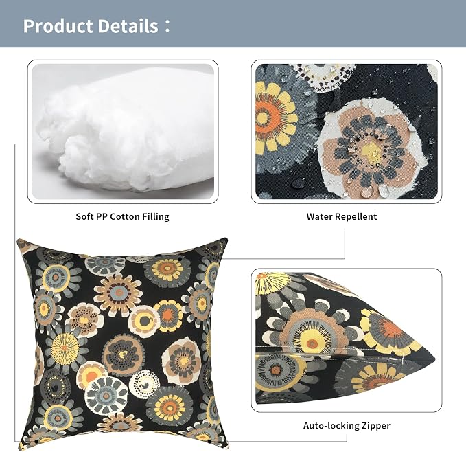 Outdoor Pillows for Patio Furniture 16x16 inch, Square Outdoor Throw Pillows with Inserts, Decorative Patio Pillows for Garden Couch Home Sofa Office Chair, Pack of 2,Black Yellow Crosby