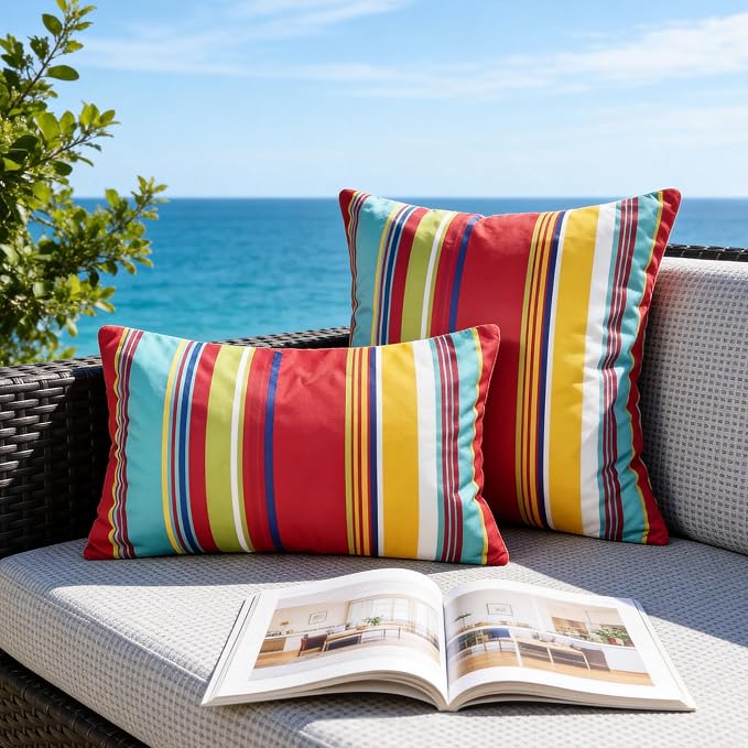 Waterproof Outdoor Pillow Covers 18x18 Inch Set of 2, Orange and Red Stripe Decorative Colorful Throw Pillow Cover, Modern Farmhouse Cushion Cases for Patio Garden Porch Balcony Couch Sofa