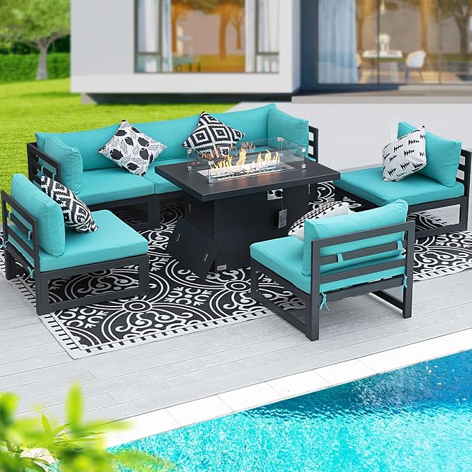 BULEXYARD 6 Person Large Modern Aluminum Outdoor Patio Furniture Set with Fireplace, 29" Wide Deep Seating, L Shaped Combo Sectional Couch, Water Resistant Conversation Set for Backyard Terrace, Teal