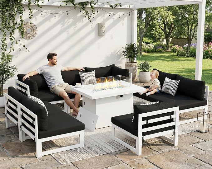 RADIATA 9 Piece Luxurious Aluminum Patio Furniture Set with Fireplace, 500 lbs Durable Outdoor Sectional Sofa, 29" Deep and Wide Big Seats, U Shaped Combo Conversation Couch for Outside Deck, Black