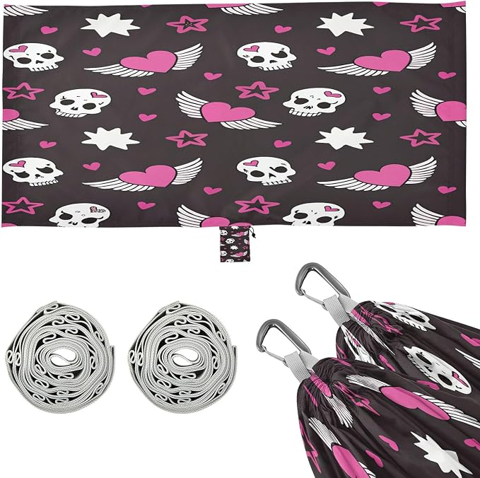 Skull Pink Heart Wings Star Camping Hammock, Portable Lightweight Single Hammock with Tree Straps and Aluminum Carabiners, 114" x 54" Travel Hammock for Hiking Backpacking Beach