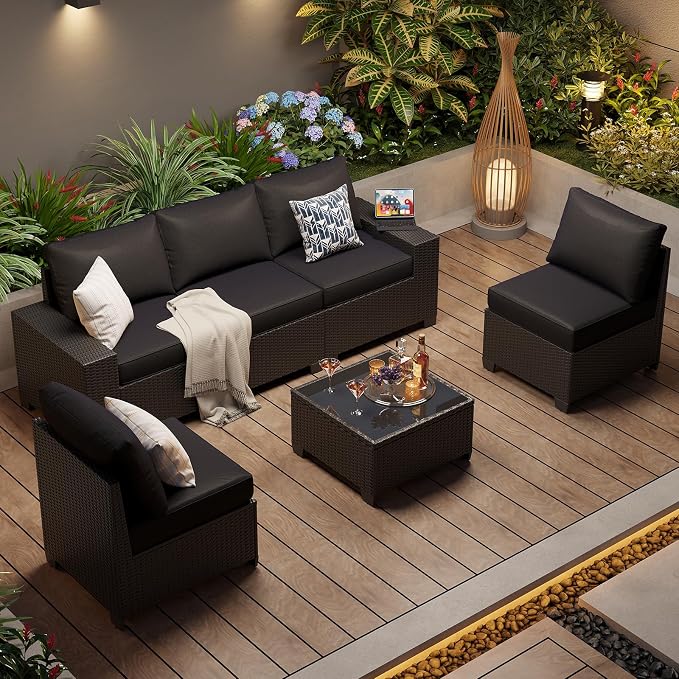 Aoxun Patio Furniture Set, 6 Pcs Outdoor Patio Furniture Sets with 4in Thicken Cushion, Widen Armrests Wicker Outdoor Sectional for Backyard & Garden, Black