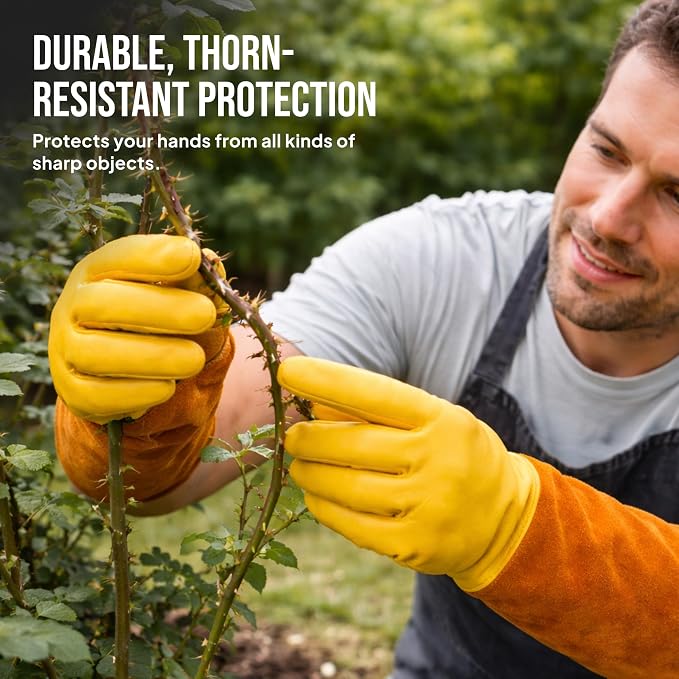 Craft911 Thorn Proof Gardening Gloves for Women & Men, Long Rose Pruning Gloves with Cowhide Leather Gauntlet & Forearm Protection - Yellow (X-Large)