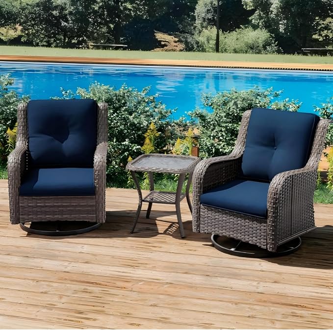 KEIKI Outdoor Swivel Rocker Wicker Chairs Set of 2, 3 Pieces All Weather Rattan Bistro Set Small Conversation Set with 2 Swivel Rocking Chairs and Side Table for Porch Deck Garden Backyard