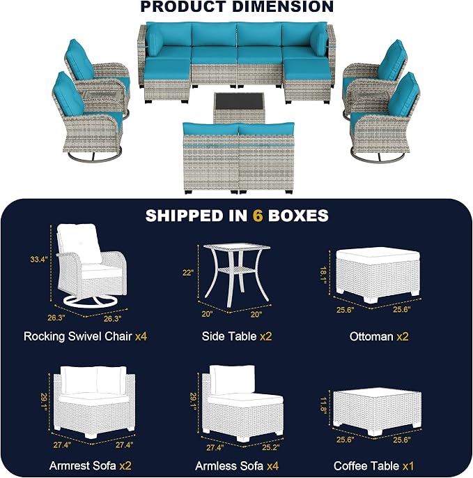 15-Piece Outdoor Patio Furniture Set with Rocking Swivel Chair, Wicker Rattan Sectional Sofa Conversation Set with Tempered Glass Table with Ottomans, Backyard Furniture, Turquoise