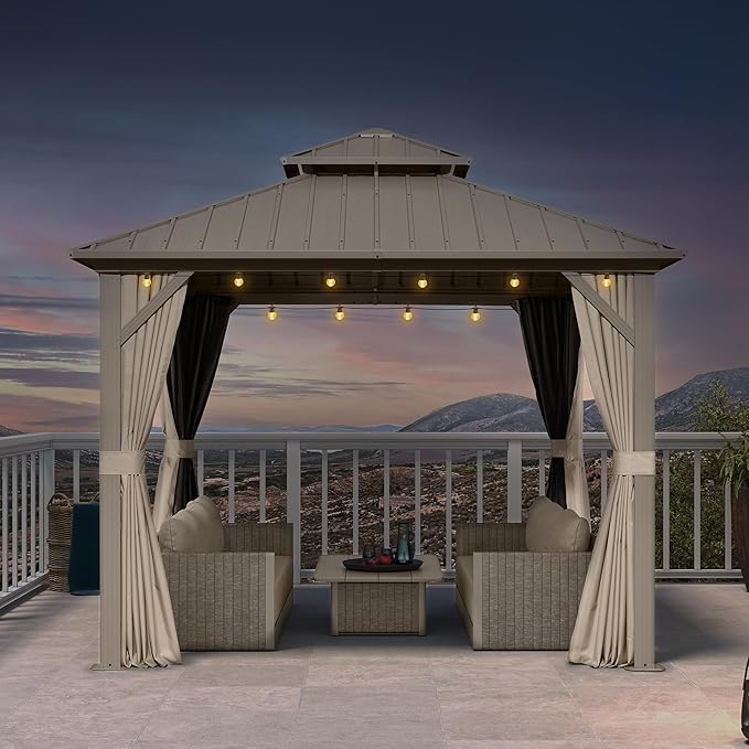 PURPLE LEAF 10' x 10' Hardtop Gazebo, Champagne Outdoor Metal Gazebo with Galvanized Steel Double Roof, Curtains and Netting for Patio Lawn and Garden