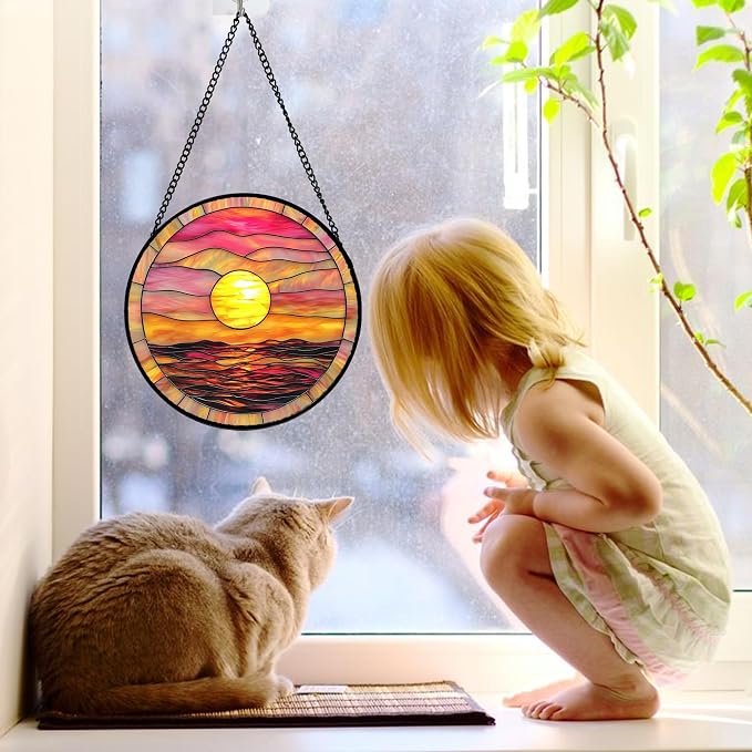 DASTOLL Stained Glass Window Hanging, Sunrise Sea Surface Sun Catchers Diamond Glass Panel Hangings Abstract Suncatcher Decor for Birthday for Women, Men, Wife, Aunt, and Mom 6.3 in