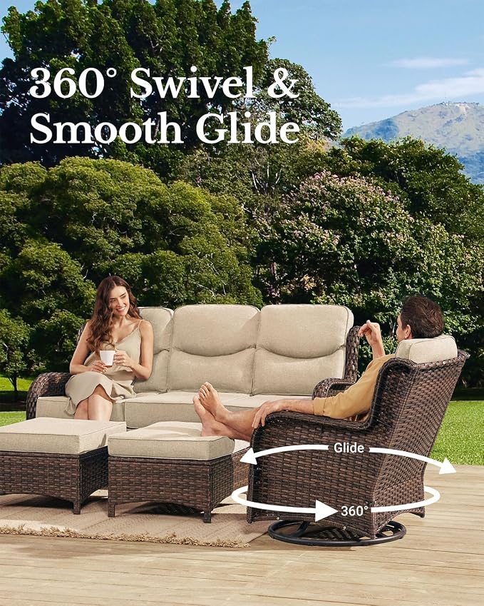 HILLGA Luxury High Back Patio Furniture Set with 6-Inch Thick Cushion, 5-Piece Outdoor Conversation Set with Loveseat, Swivel Rocker Chairs & Ottomans, Ideal for Porch Pool Deck Yard (Beige)