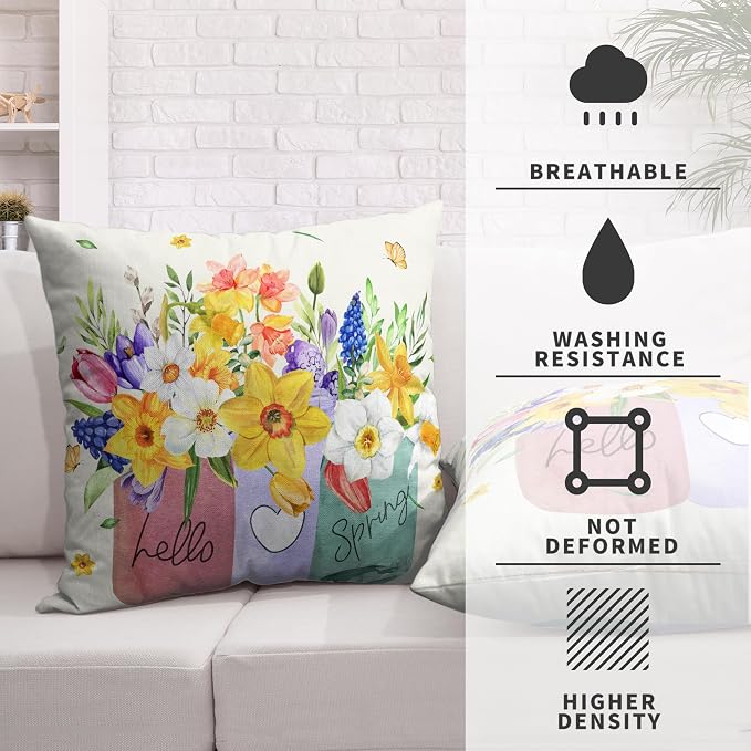 Spring Throw Pillow Covers 24x24 Set of 2 Daffodils Flower Pillow Covers Floral Vase Outdoor Pillowcase Watercolor Cotton Linen Cushion Case for Sofa Outdoor Patio