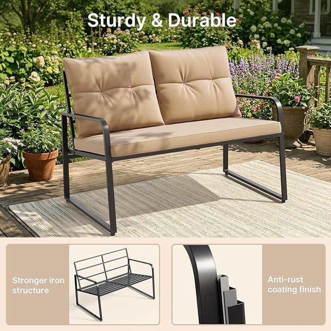 Gizoon 7-pc Outdoor Patio Furniture Set, Black Steel Patio Rocking Chairs Conversation Set with Loveseat, 6-Person Porch Bistro Set with Glass Coffee Table & Side Tables for Garden, Backyard, Beige