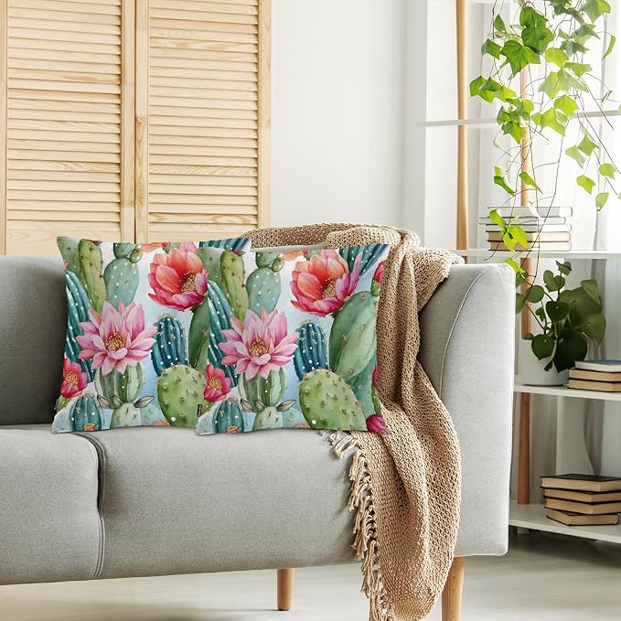 Swono Couch Pillow Cover Set of 2 Cactus, Tropical Cactus Floral Rose Decorative Throw Pillowcase Cushion Cover 18 X 18 Inch Throw Pillows Covers for Sofa Bedroom Car Living Room, Green Pink
