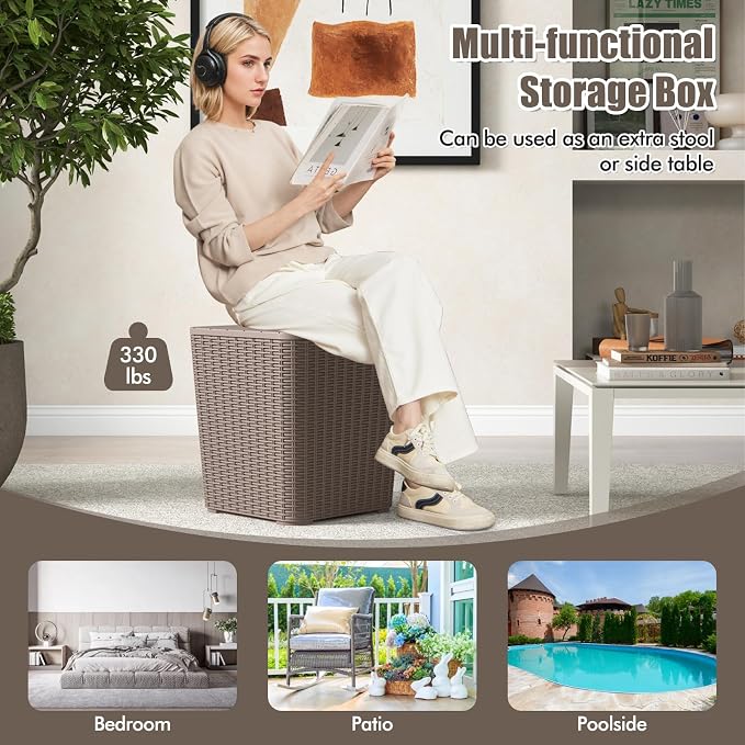 LDAILY 11.5 Gallon Outdoor Storage Box, Deck Box with Table Top & Stool, Resin Wicker Patio Side Table with Storage, Removable Lid, 330Lbs Capacity for Poolside, Balcony (Brown)