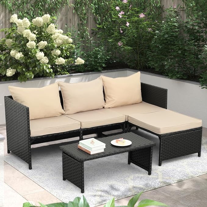 Valita 3-Piece Outdoor PE Rattan Furniture Set Patio Black Wicker Conversation Loveseat Sofa Sectional Couch Khaki Cushion